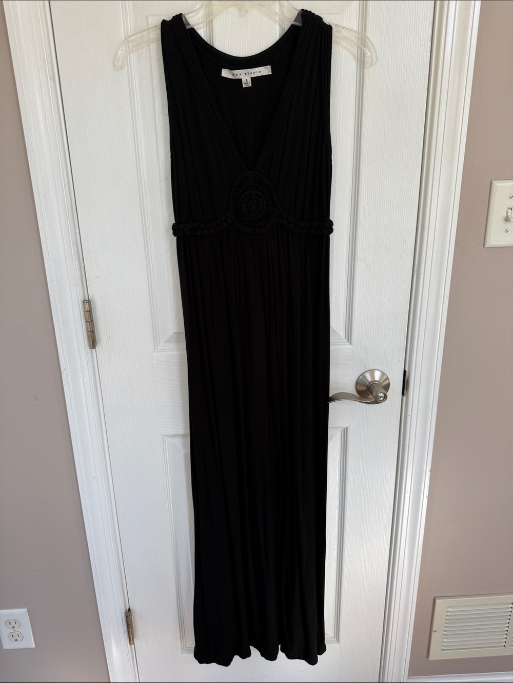 Max Studio Black Sleeveless V-Neck Maxi with Braided Waist Medallion